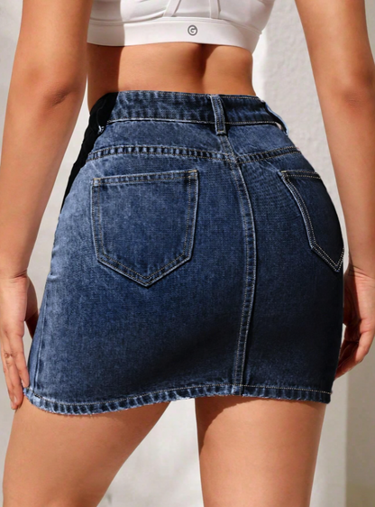 Klassieke knielange denim rok met knoopsluiting