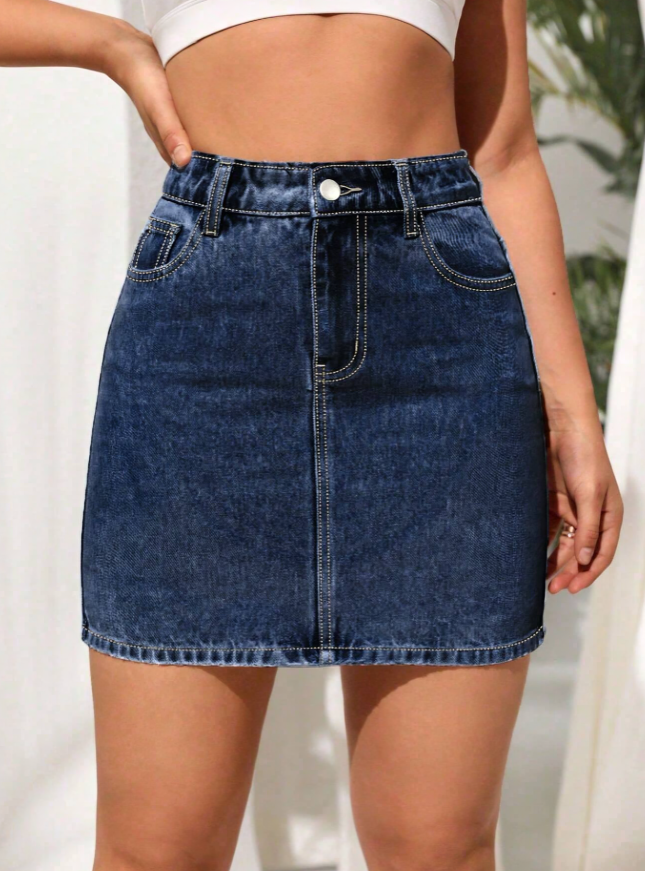 Klassieke knielange denim rok met knoopsluiting