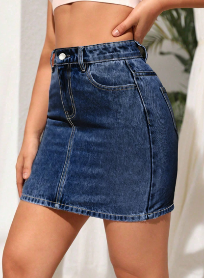 Klassieke knielange denim rok met knoopsluiting