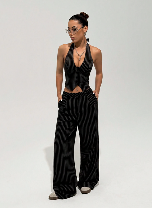 Chic Gestreepte Halter Tie-Front Top & Rechte Broek Set