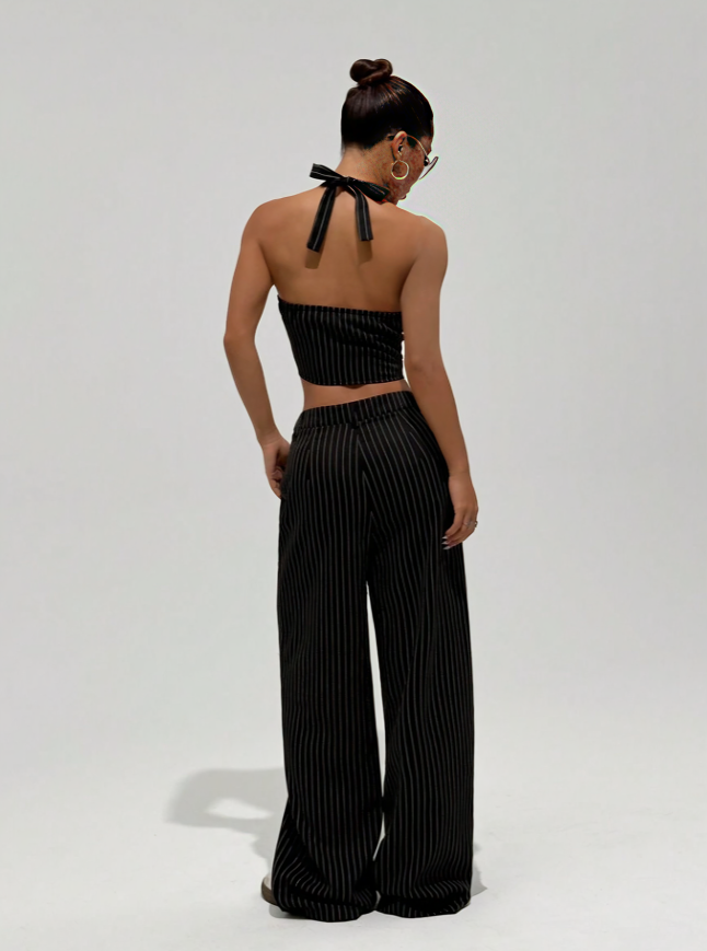 Chic Gestreepte Halter Tie-Front Top & Rechte Broek Set